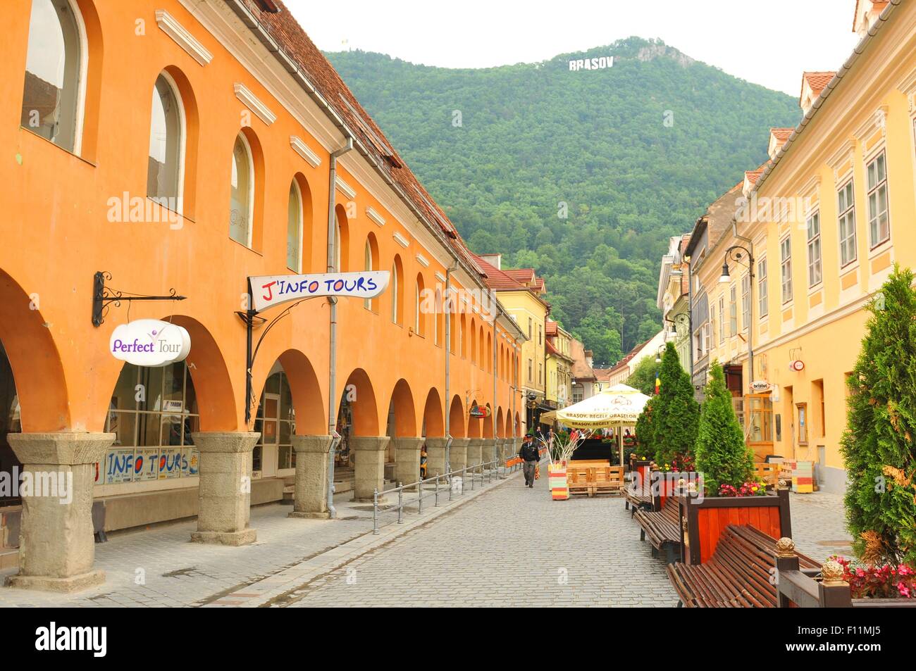 Brasov, Romania - June 28, 2015: Historic buildings overlook the main ...