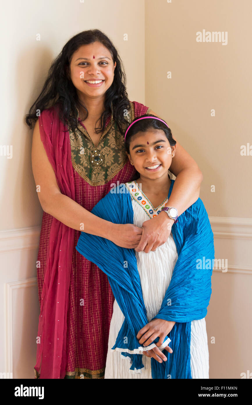 Indian mother and daughter wearing traditional dresses Stock Photo