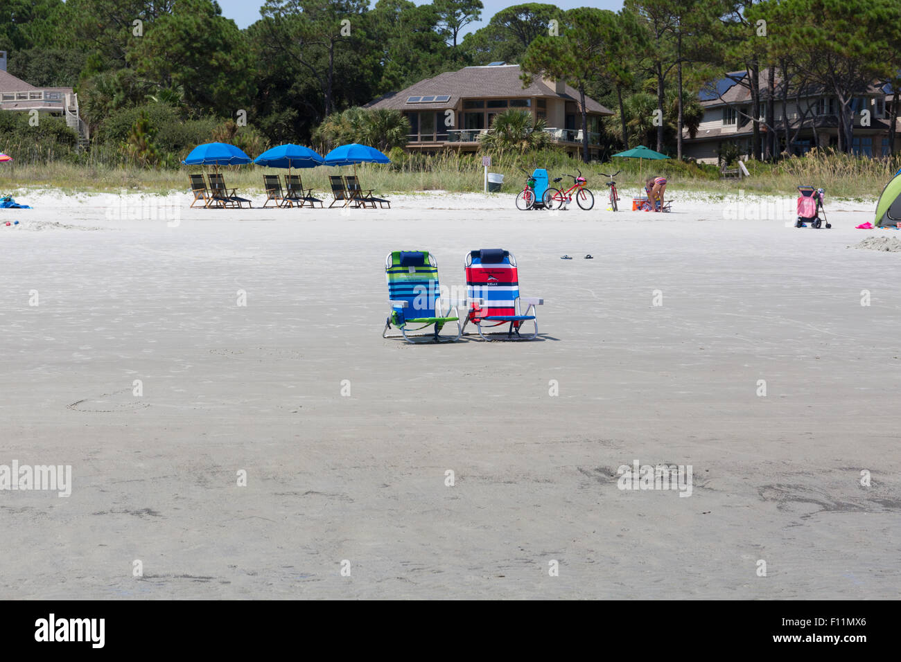 Sunchairs on the beach at Hilton Head Island, SOuth Carolina USA Stock