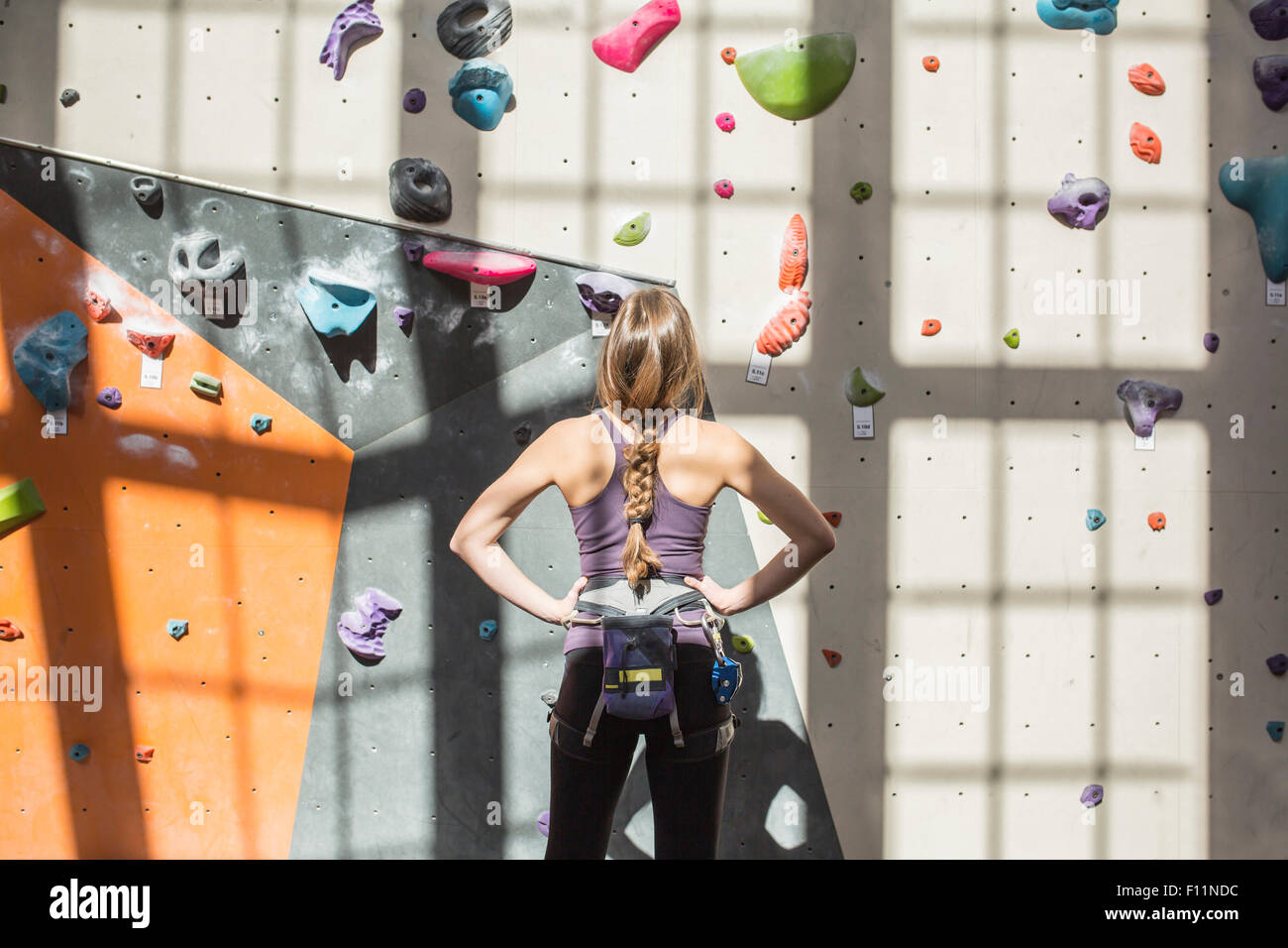 Athlete examining rock wall in gym Stock Photo
