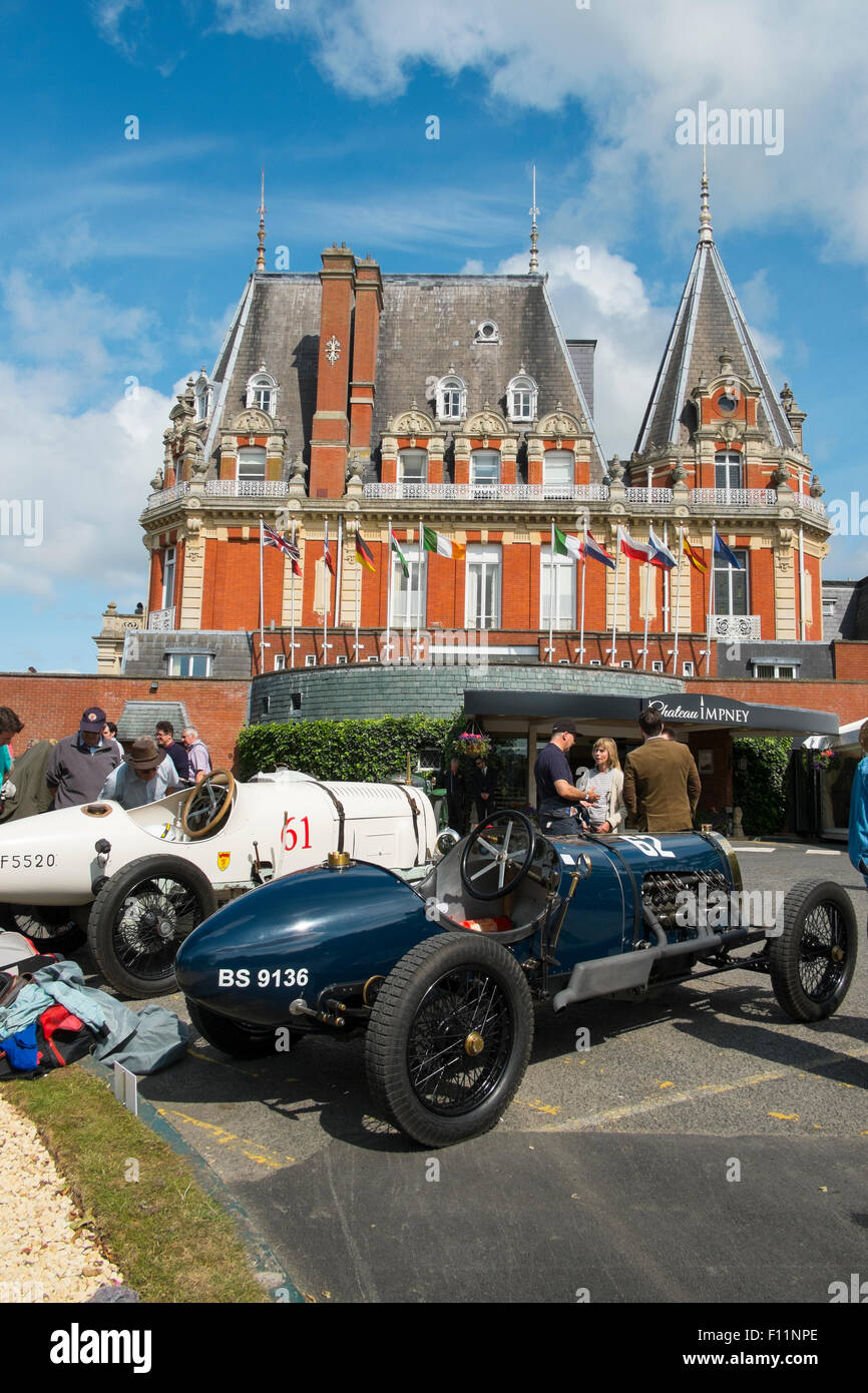 Vintage cars parked outside Chateau Impney Hotel, Droitwich Spa