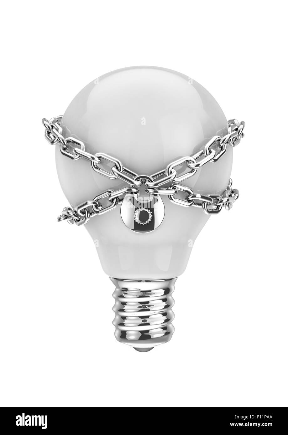 Intellectual property, 3D render of light bulb with lock and chain Stock Photo