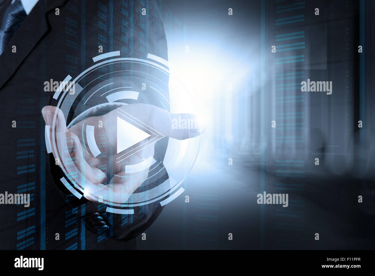 hand press play button sign to start or initiate projects as concept ...