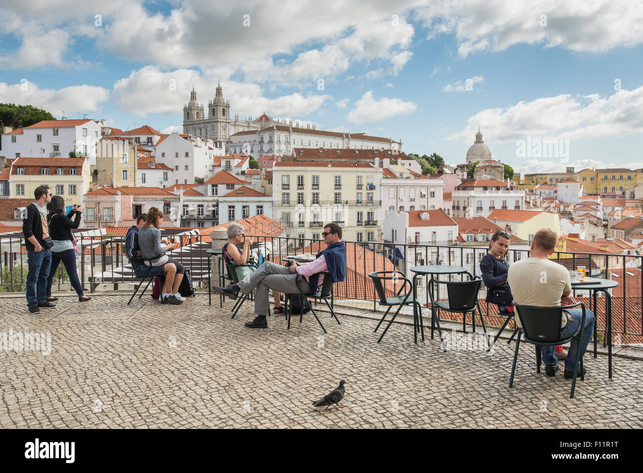 Tourists in miradouro das Portas do Sol, Alfama, Lisbon Stock Photo