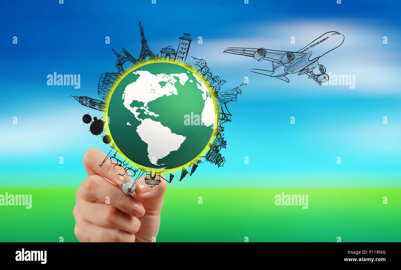 hand drawn traveling around the world by air plane on nature background ...
