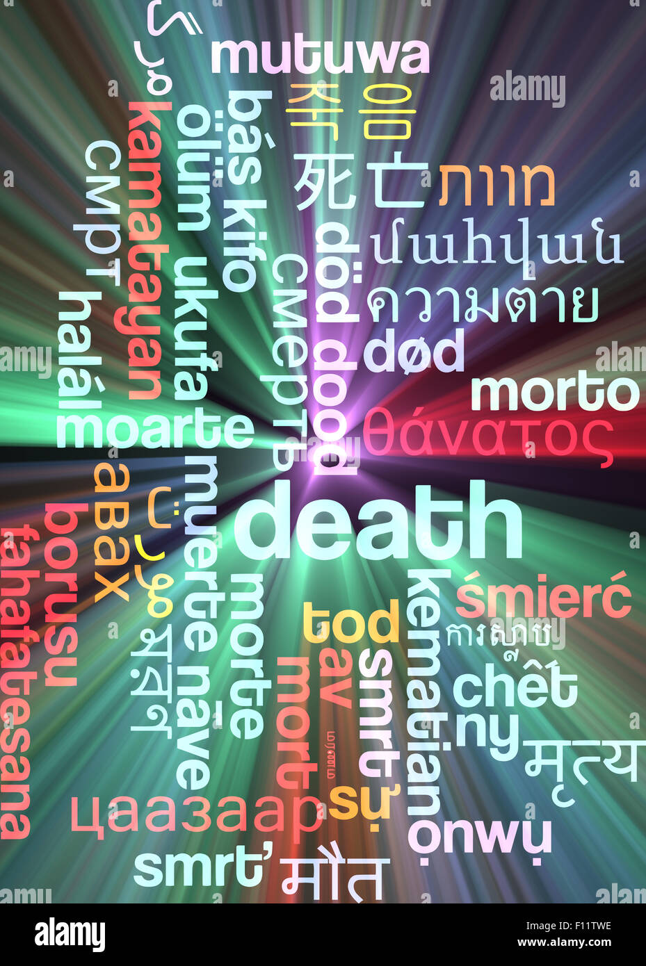 Background concept wordcloud multilanguage international many language illustration of death glowing light Stock Photo