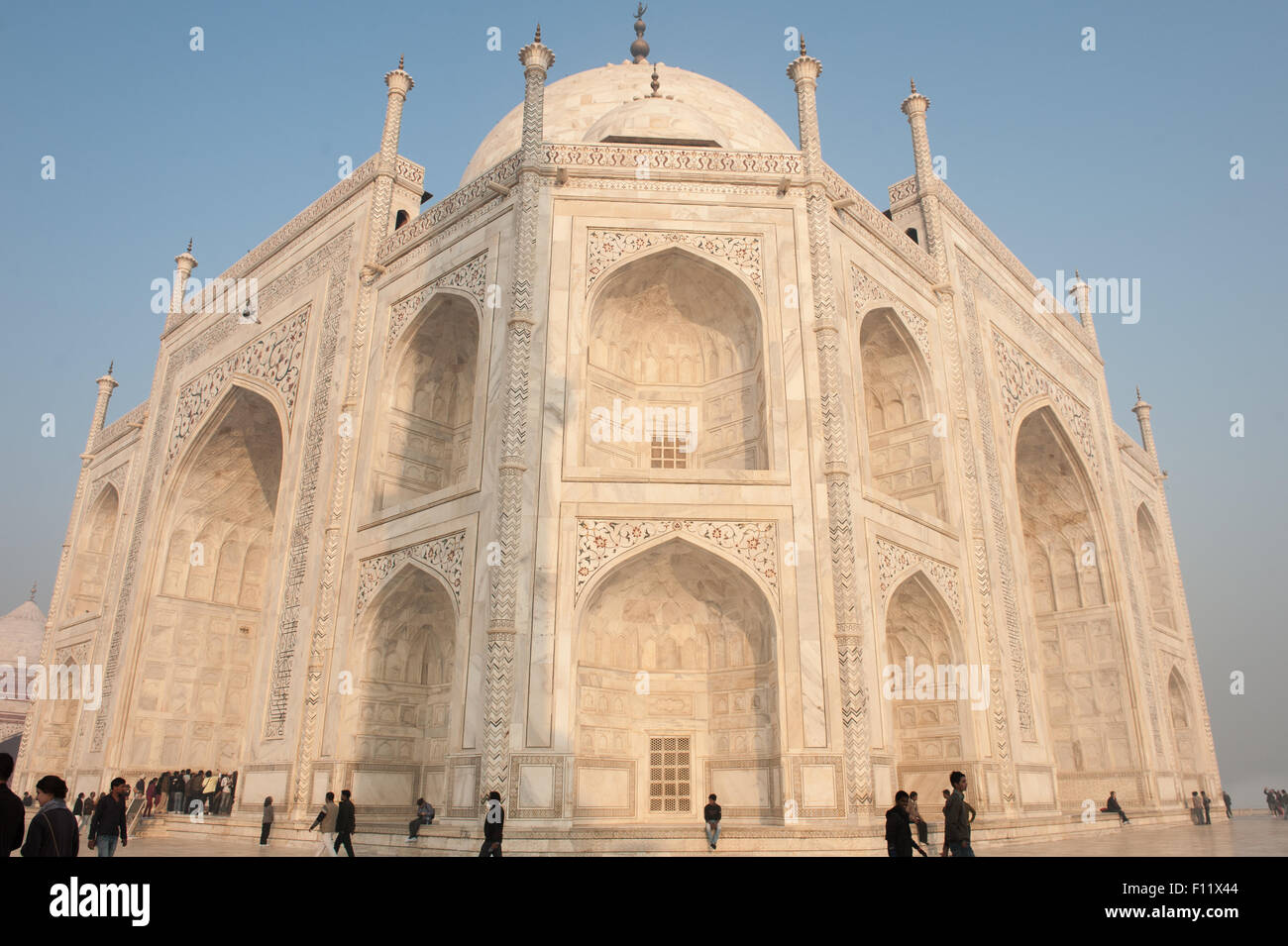 Agra, Uttar Pradesh, India. The Taj Mahal; main mausoleum from one corner with semi-precious stone inlay. Stock Photo