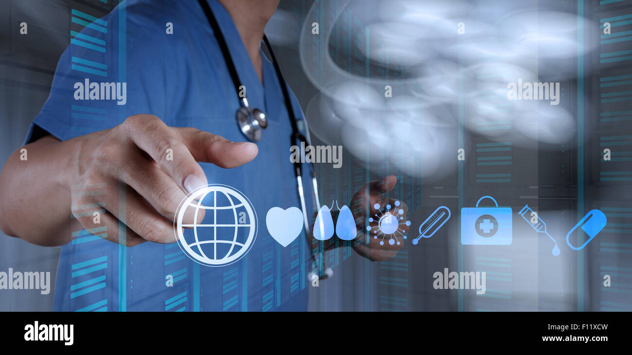Medicine doctor hand working with modern computer interface as medical