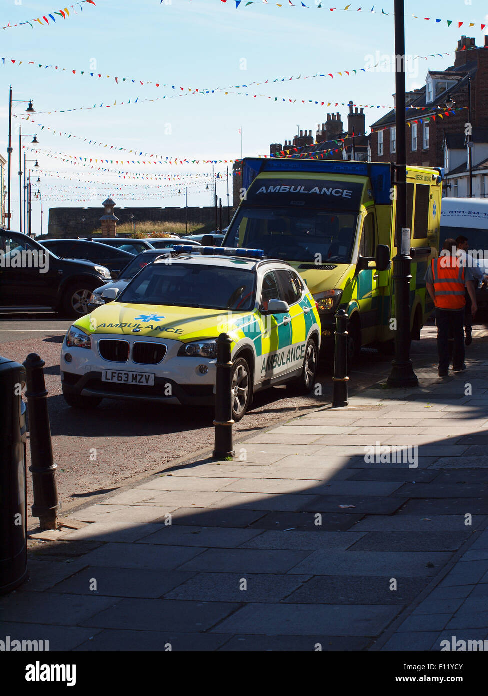 Newcastle Upon Tyne, 25th August 2015, UK News. NHS North East Ambulance Service attending to a call in the pedestrian area of Tynemouth High Street. Credit:  james walsh/Alamy Live News Stock Photo