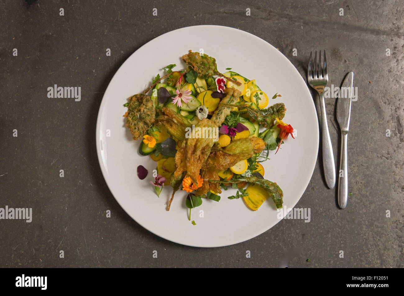 A salad of edible flowers including courgettes Stock Photo Alamy