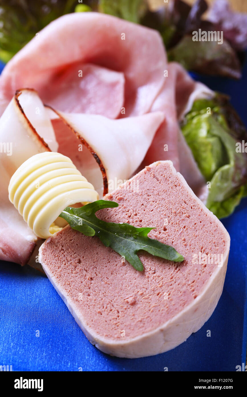 Liver pate, ham and bacon detail Stock Photo Alamy