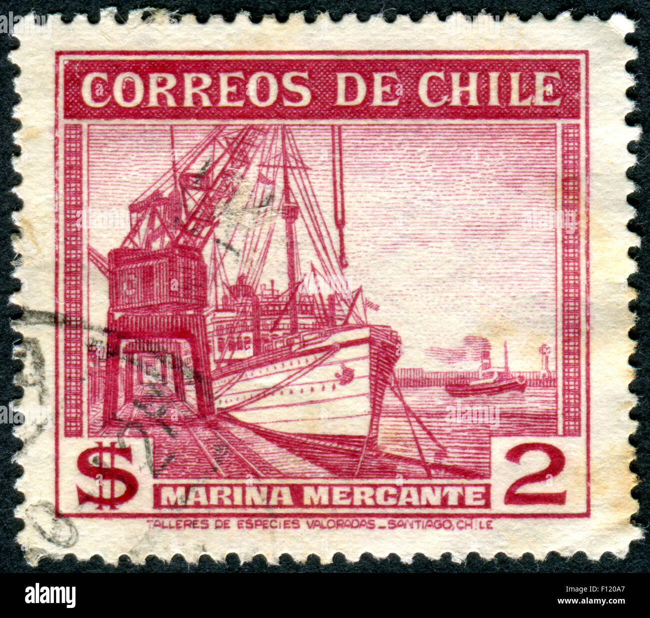 CHILE - CIRCA 1939: Postage stamp printed in Chile, shows steamship merchant fleet 'Poderoso', circa 1939 Stock Photo
