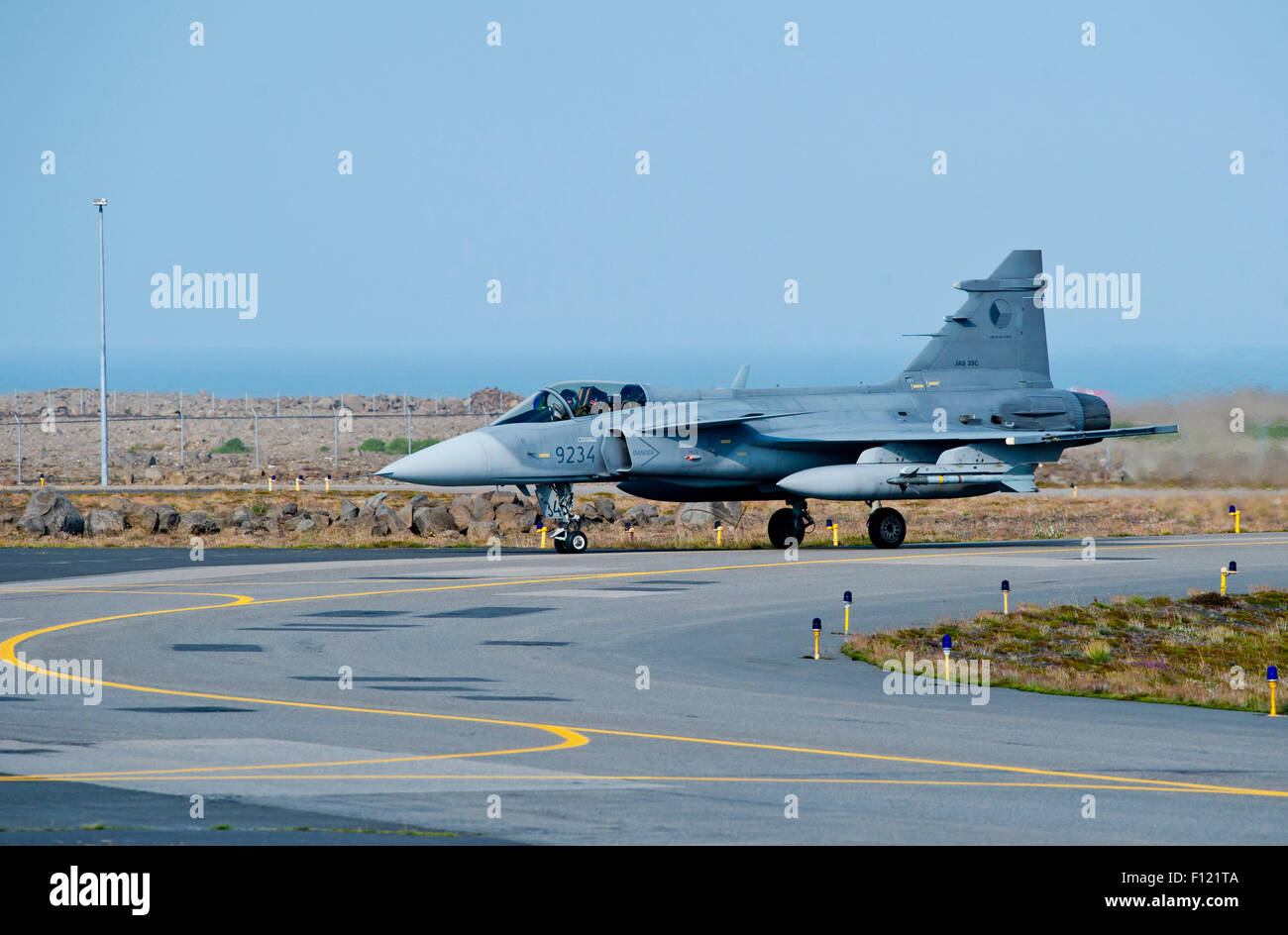 Keflavik, Iceland. 25th Aug, 2015. The Czech JAS-39 Gripen fighter in the air base in Keflavik, Iceland, August 25, 2015. The Czech JAS-39 Gripen fighters will end their mission to protect