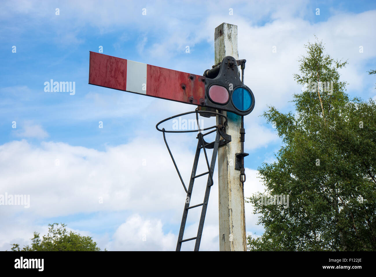 Railway signal, aka, railway signal post. Stock Photo