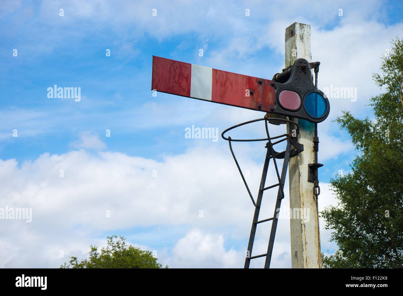 Railway signal, aka, railway signal post. Stock Photo
