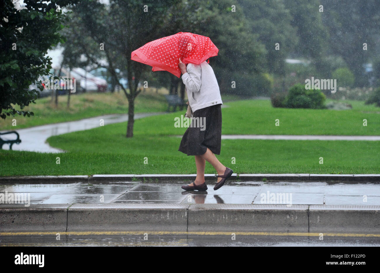 Brighton, UK. 25th August, 2015. This lady has a makeshift umbrella as she gets caught in a torrential downpour of rain today in the centre of Brighton and Hove . The dreadful summer weather is set to continue until the end of the week in the UK  Credit:  Simon Dack/Alamy Live News Stock Photo