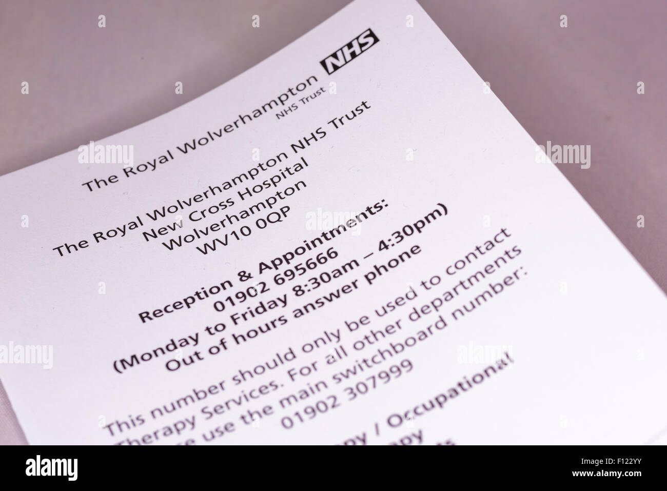 An appointment card for the occupational therapy department of the New Cross Hospital Wolverhampton Stock Photo