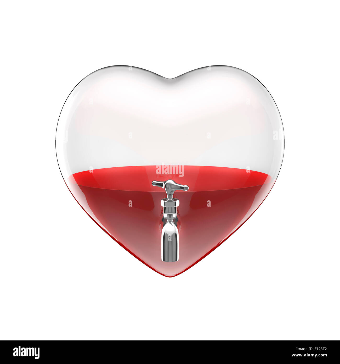 Filled heart, 3D render of heart with tap half filled with red liquid Stock Photo