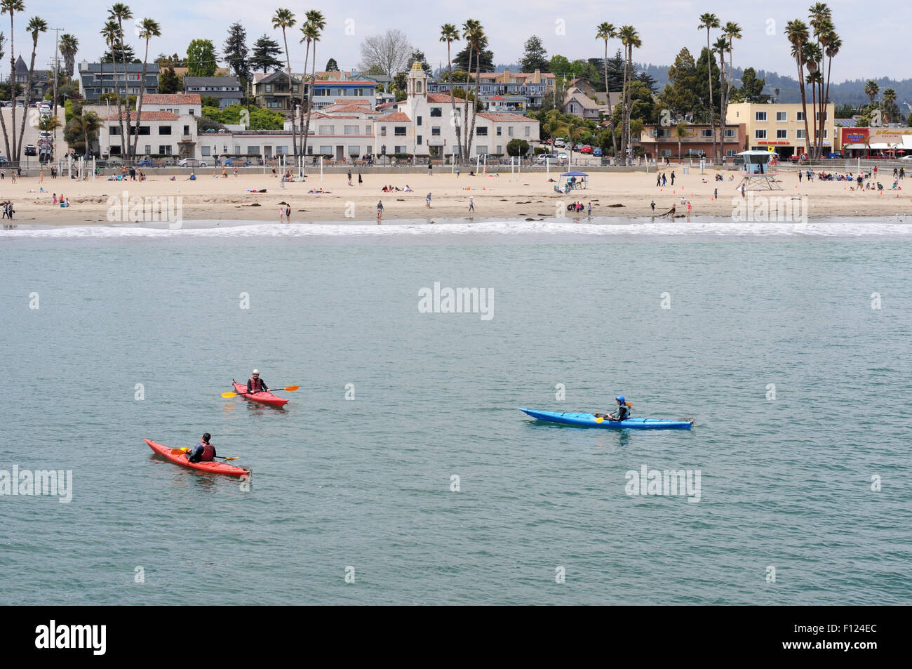 People in kayaks santa cruz california view of main beach Stock Photo