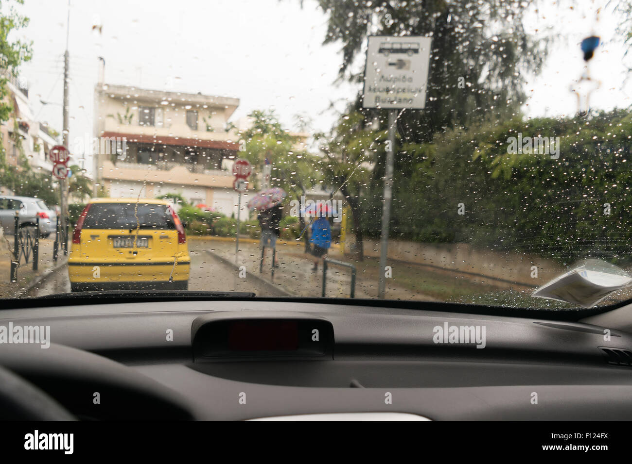 Rainy day. View from the inside of a car. Stock Photo