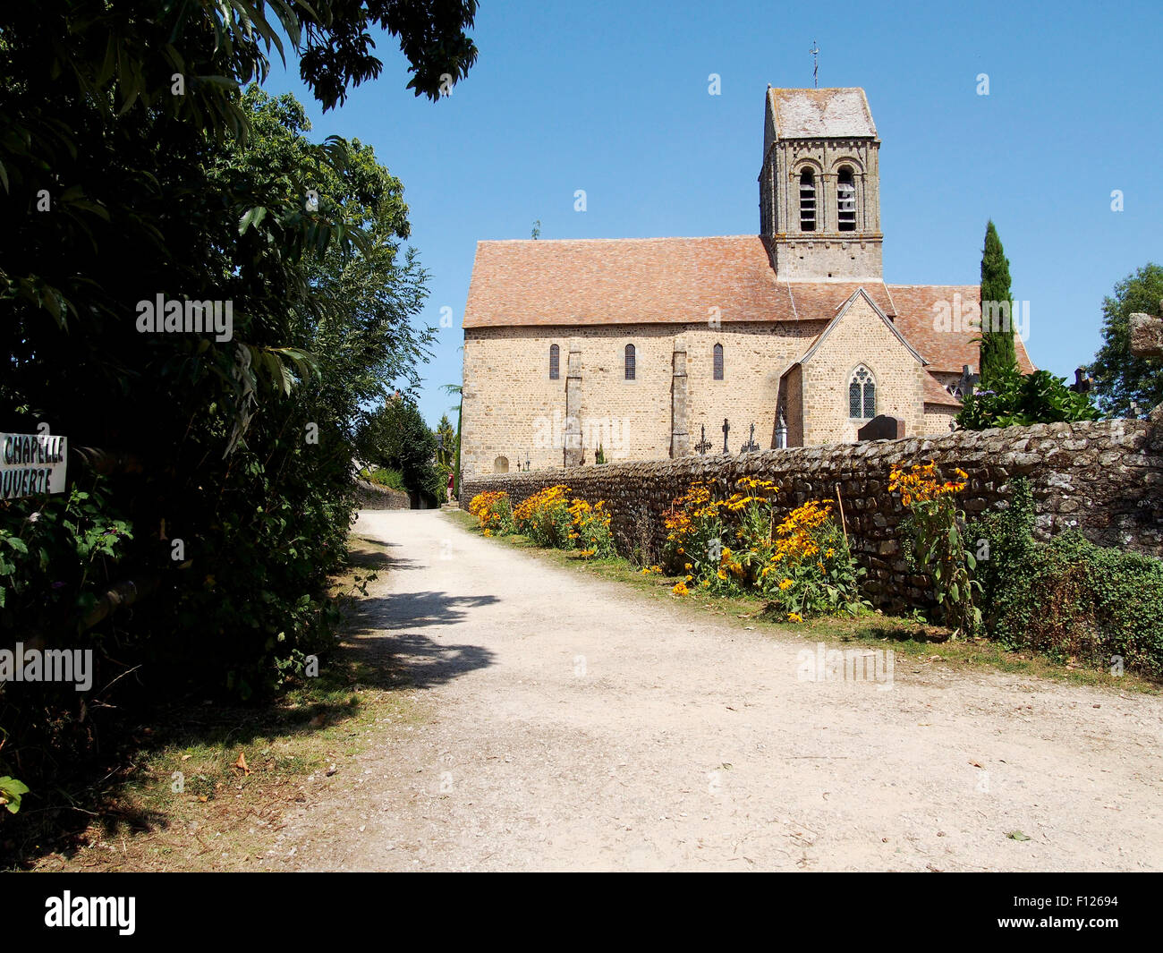 Romanesque church in Saint-Céneri-le-Gérei, a beautiful village on the River Sarthe in Orne department of Normandy France Stock Photo