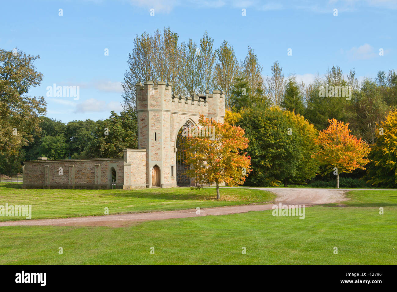 Autumn foliage at the entrance gate to Hampton Court Castle, a 15th century country house, Herefordshire, England, Great Britain Stock Photo