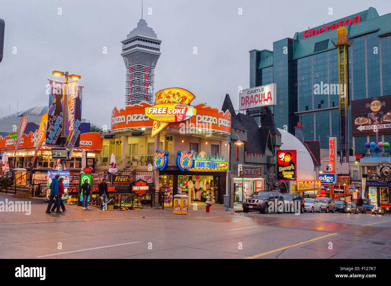 Clifton Hill, Niagara Falls, Ontario, Canada at night after rain Stock