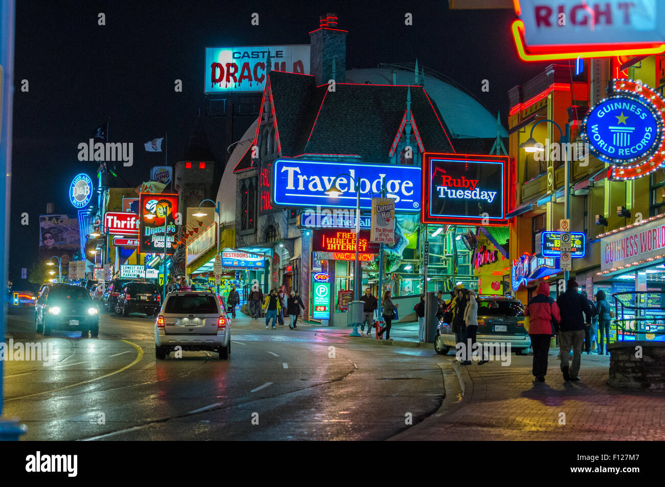 Clifton Hill, Niagara Falls, Ontario, Canada at night after rain Stock