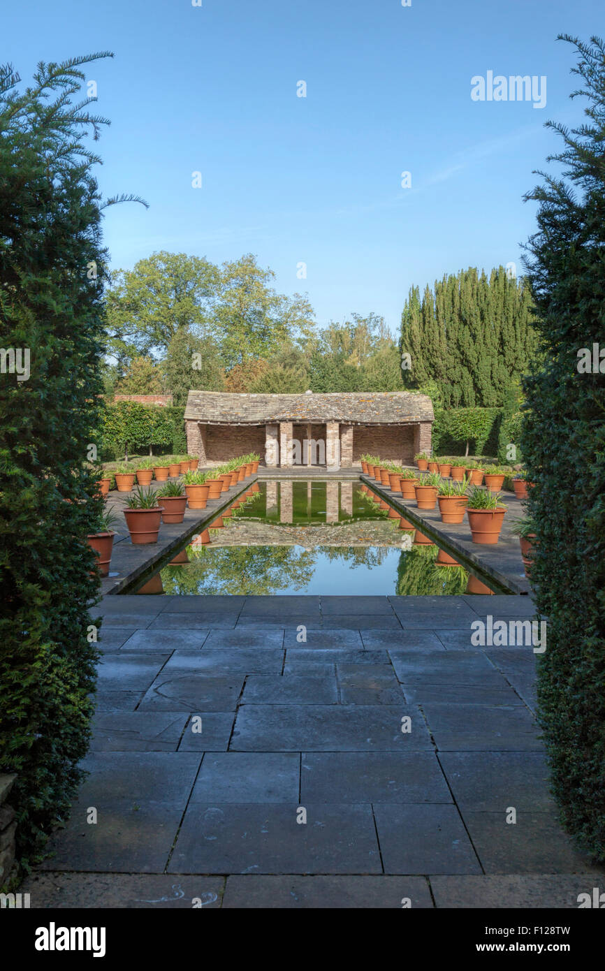 Reflections in the Dutch Garden at Hampton Court Van Kampen Gardens, Hope under Dinmore, Herefordshire, England, Great Britain. Stock Photo