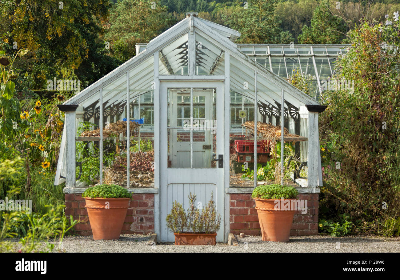 The charming greenhouse at Hampton Court Castle Van Kampen Gardens, Hope under Dinmore, Herefordshire, England, UK. Stock Photo