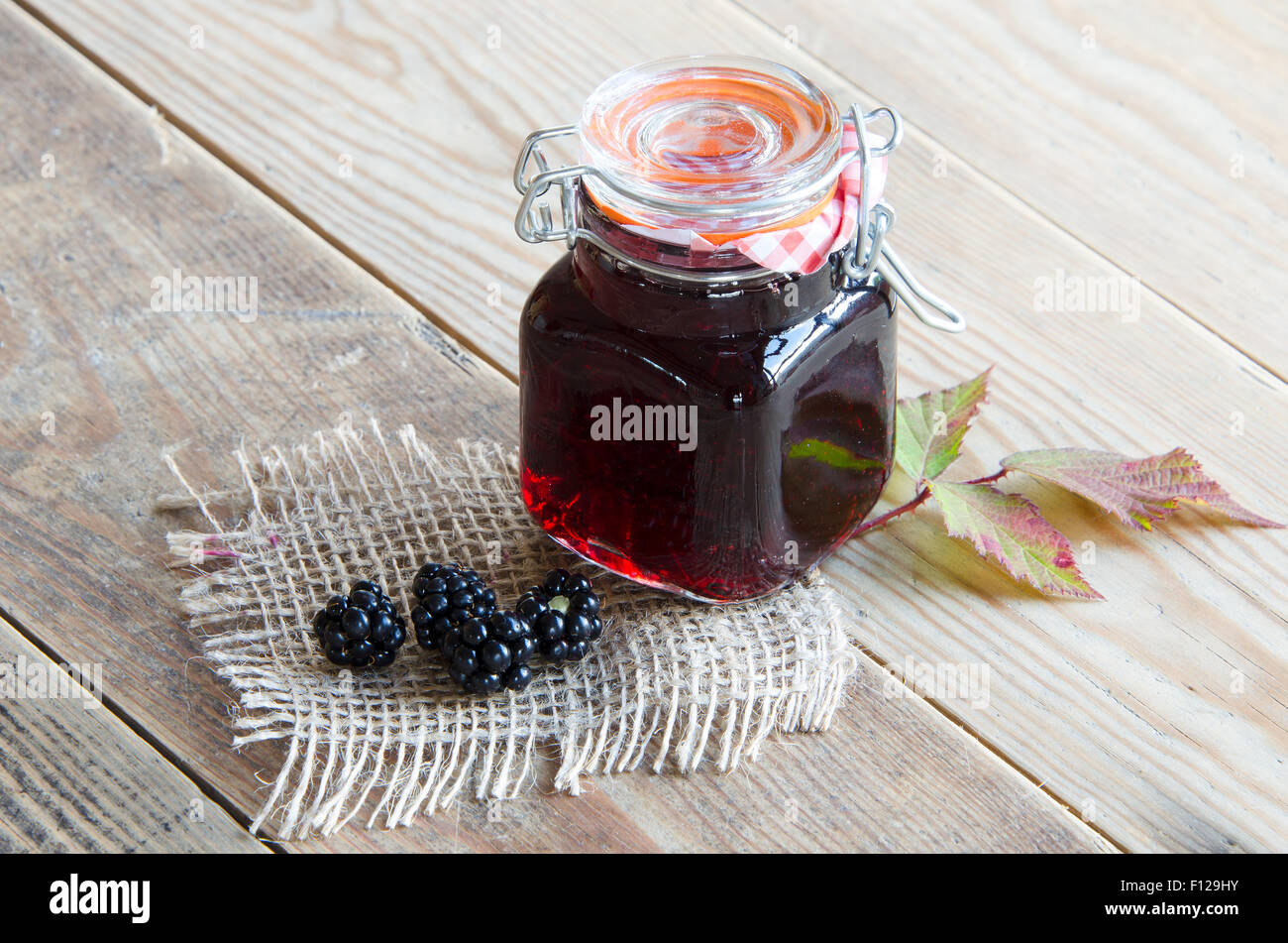 A jar of homemade Bramble Jelly foraged from the hedgerow Stock Photo
