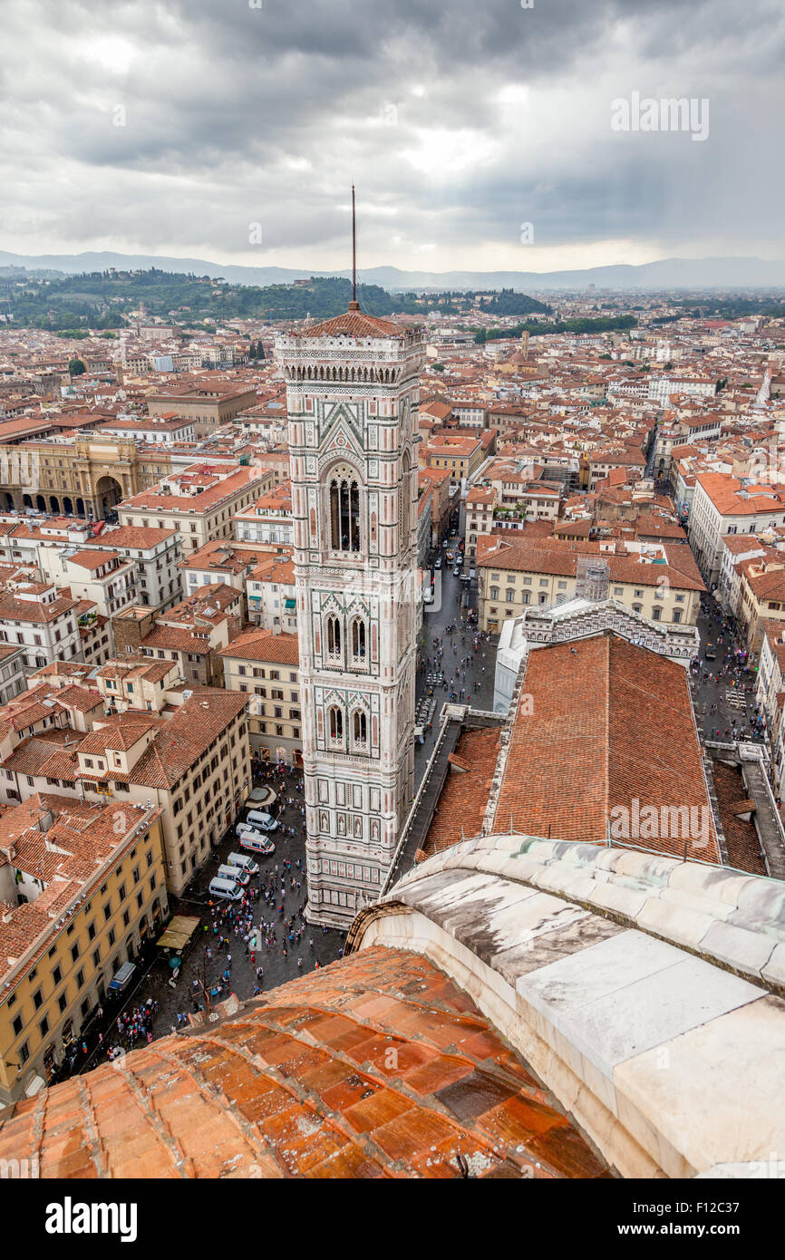 Giotto's Campanile bell tower seen from the top of the Piazza del Duomo Stock Photo