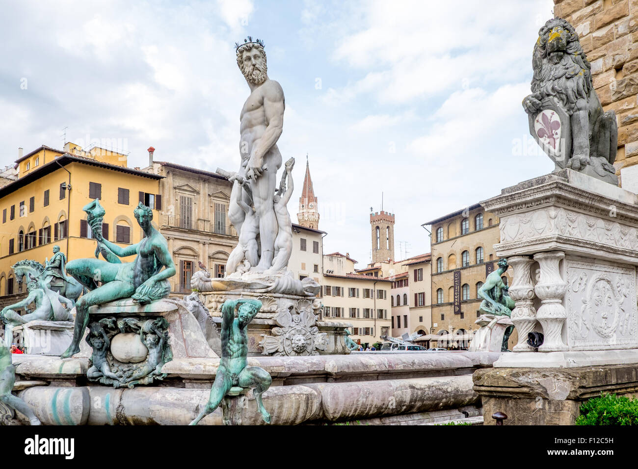 Many statues including Neptune Fountain Piazza della Signoria statues, Florence, Italy Stock Photo