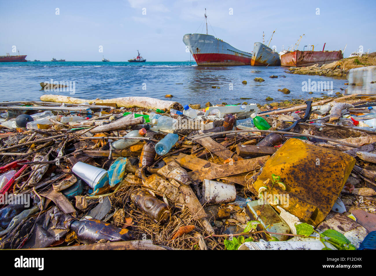 COLON, PANAMA APRIL 15, 2015 Waste and pollution washing on the
