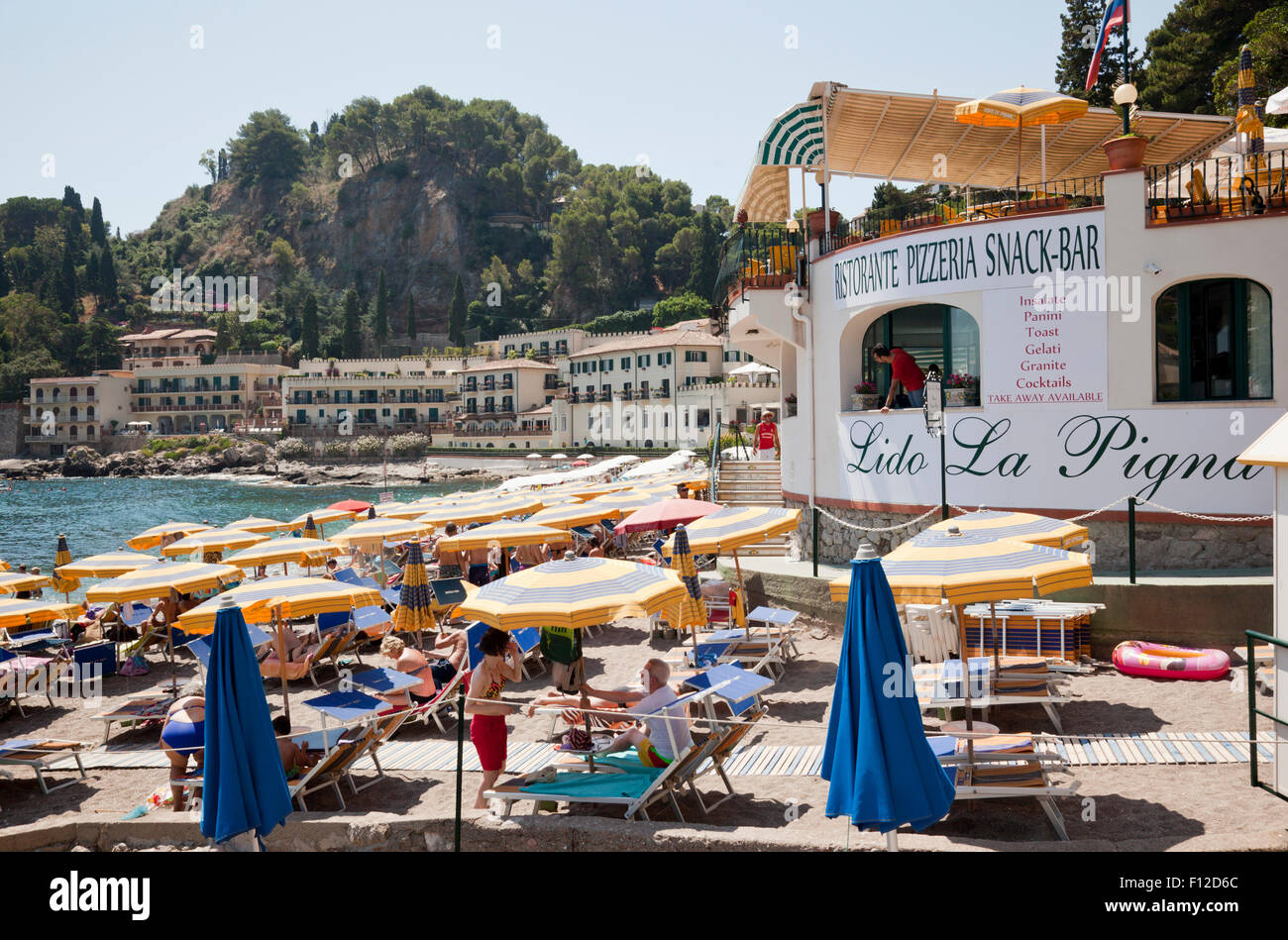 Lido La Pigna restaurant on Taormina beach, Sicily, Italy Stock Photo
