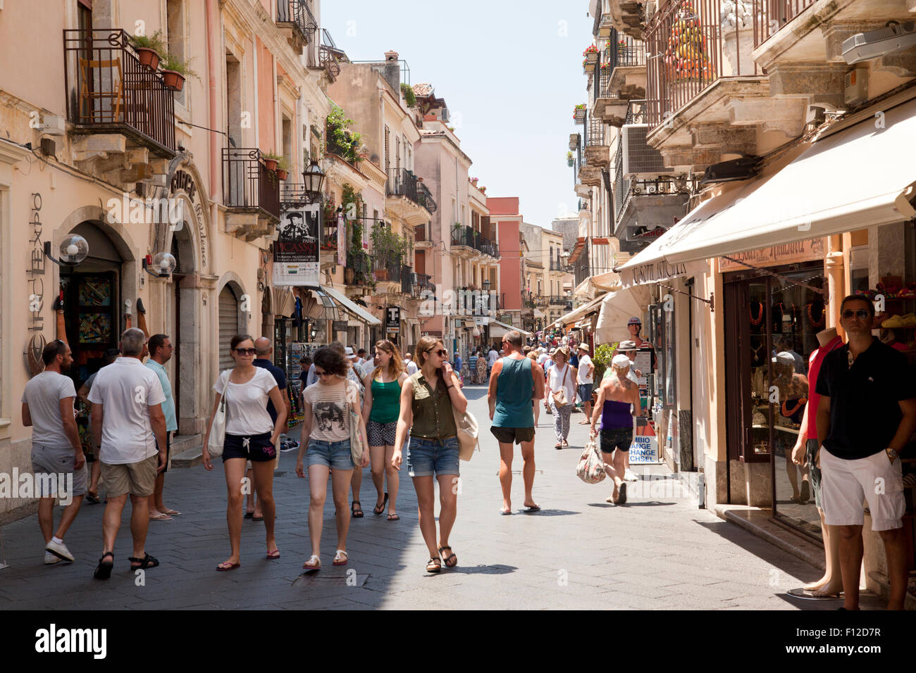 Corso Umberto I the main street in Old Town Taormina, Sicily, Italy filled with tourists Stock Photo