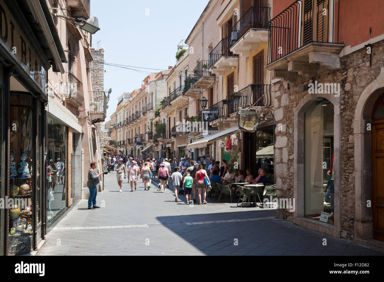 Corso Umberto I the main street in Taormina Old Town, Sicily, Italy filled with tourists Stock Photo