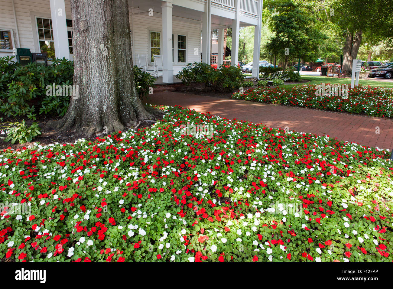 Flower bed in front of a commercial building in the golfing village of