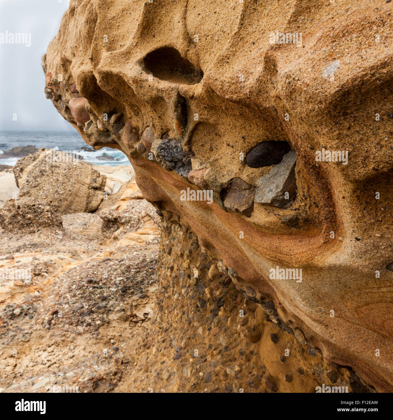 Eroded sandstone conglomerate on the beach at Point Lobos State Natural Reserve near Carmel, California Stock Photo
