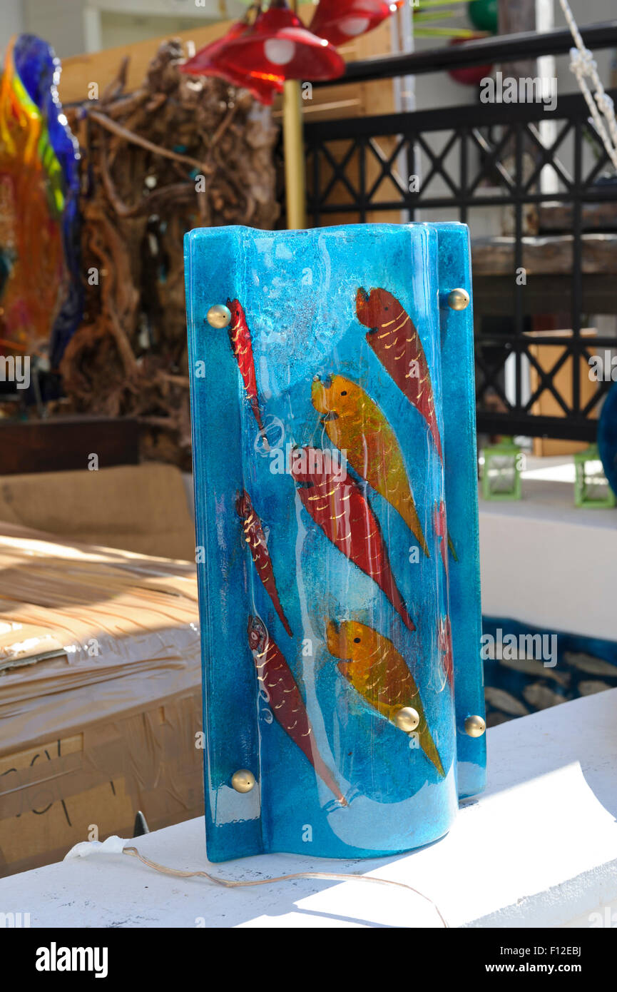 Image showcasing A blue glass decoration with fish design, Santorini, Greece Stock Photo ...