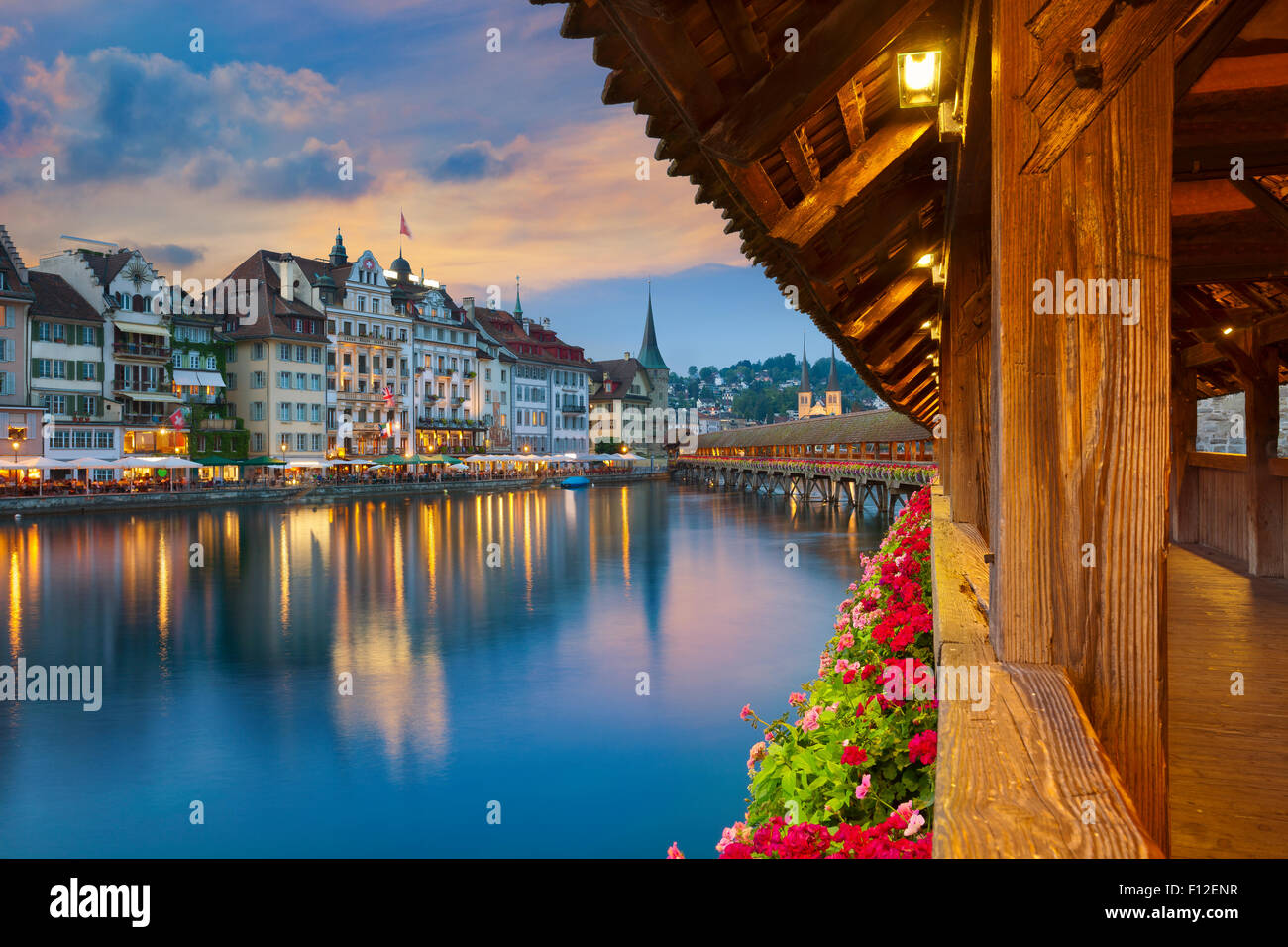 Lucerne. Image of Lucerne, Switzerland during twilight blue hour. Stock Photo