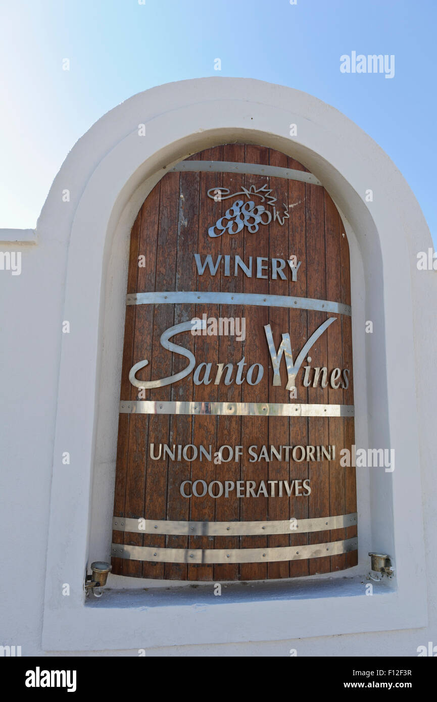 A wooden banner at the entrance of Santo winery, Santorini, Greece. Stock Photo