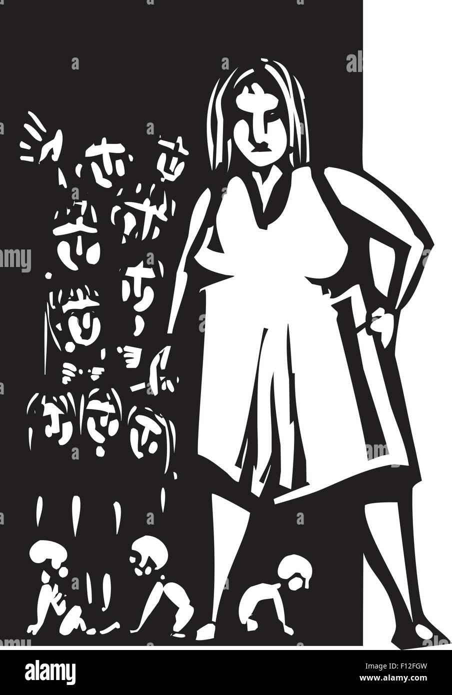 Woodcut style Large woman with cigarette at the door to a home with lots of children Stock Vector