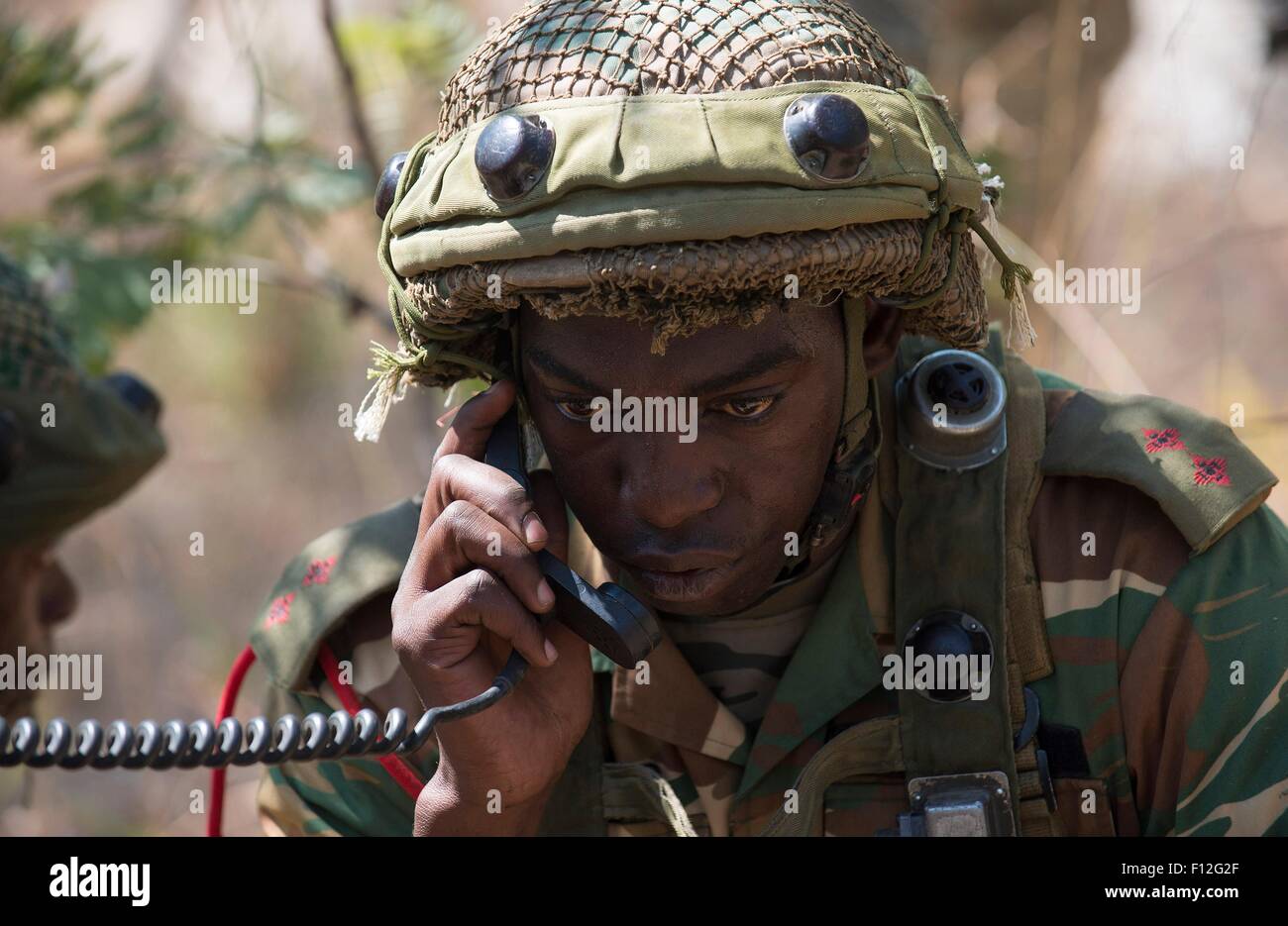 A soldier with the Zambian Defense Force during exercise Southern Accord August 13, 2015 in Lusaka, Zambia. The annual exercise is a joint peacekeeping training with the U.S. Military, United Nation allies and the Zambian Defense Forces. Stock Photo