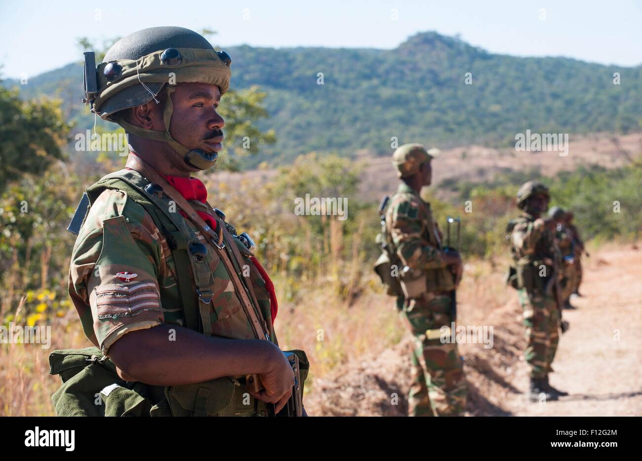 Zambian Defense Force soldier during exercise Southern Accord August 4, 2015 in Lusaka, Zambia. The annual exercise is a joint peacekeeping training with the U.S. Military, United Nation allies and the Zambian Defense Forces. Stock Photo