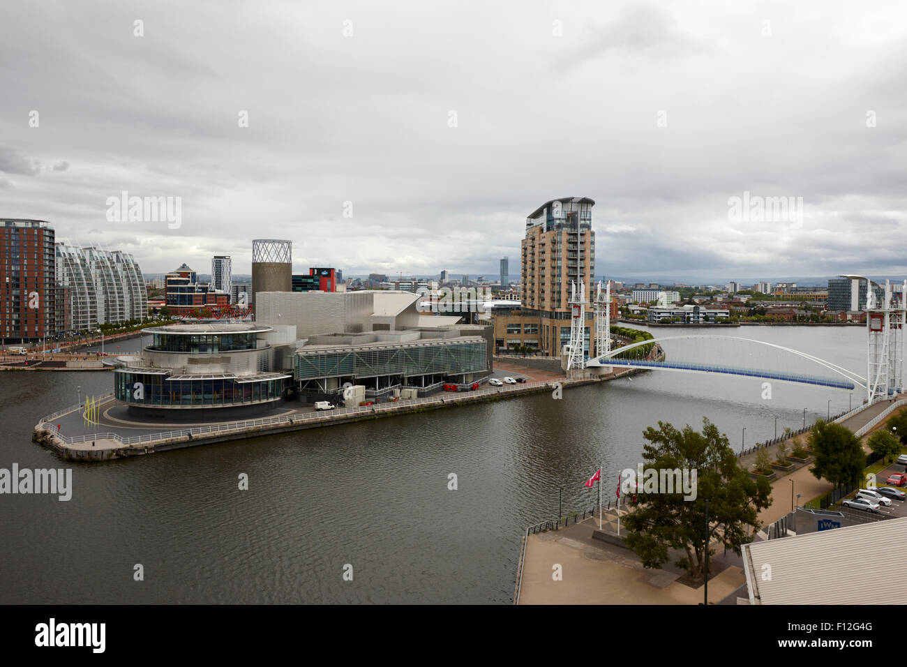the lowry and salford quays with the lift bridge Manchester uk Stock Photo
