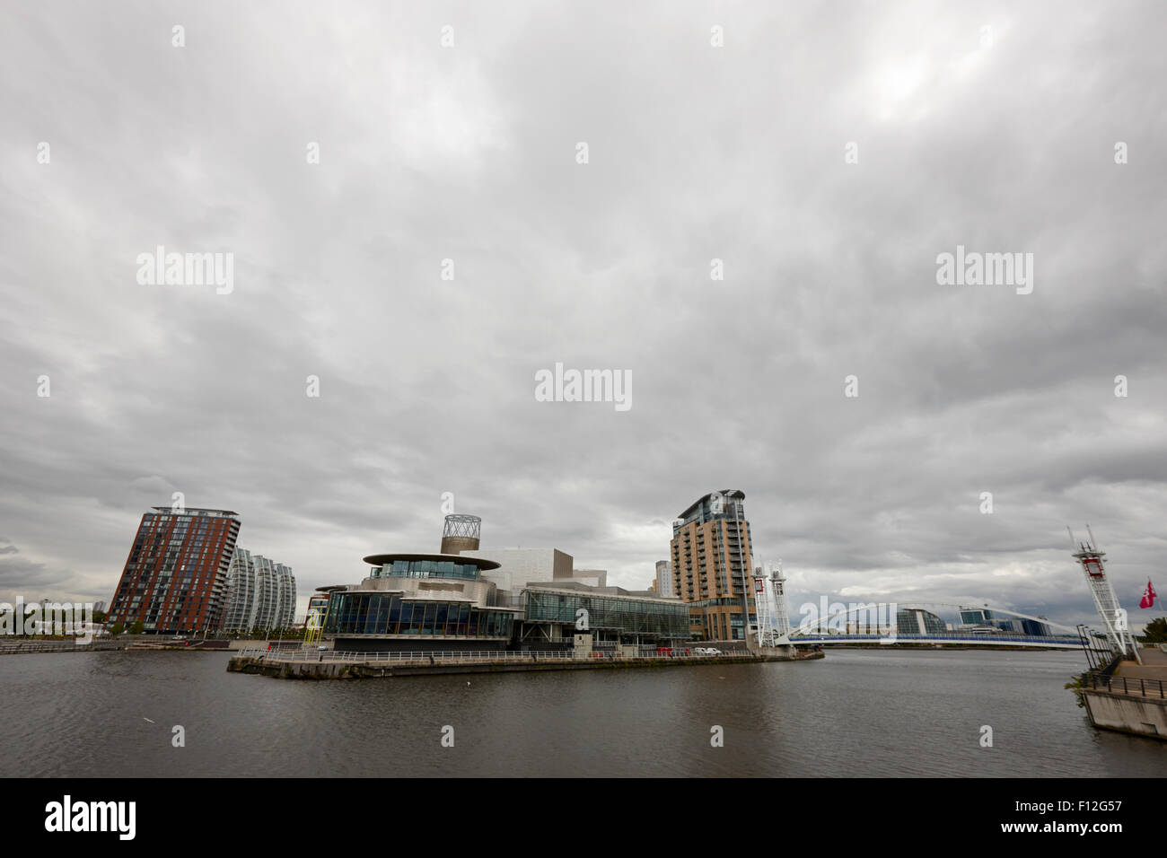 salford quays on a dull overcast day Manchester uk Stock Photo