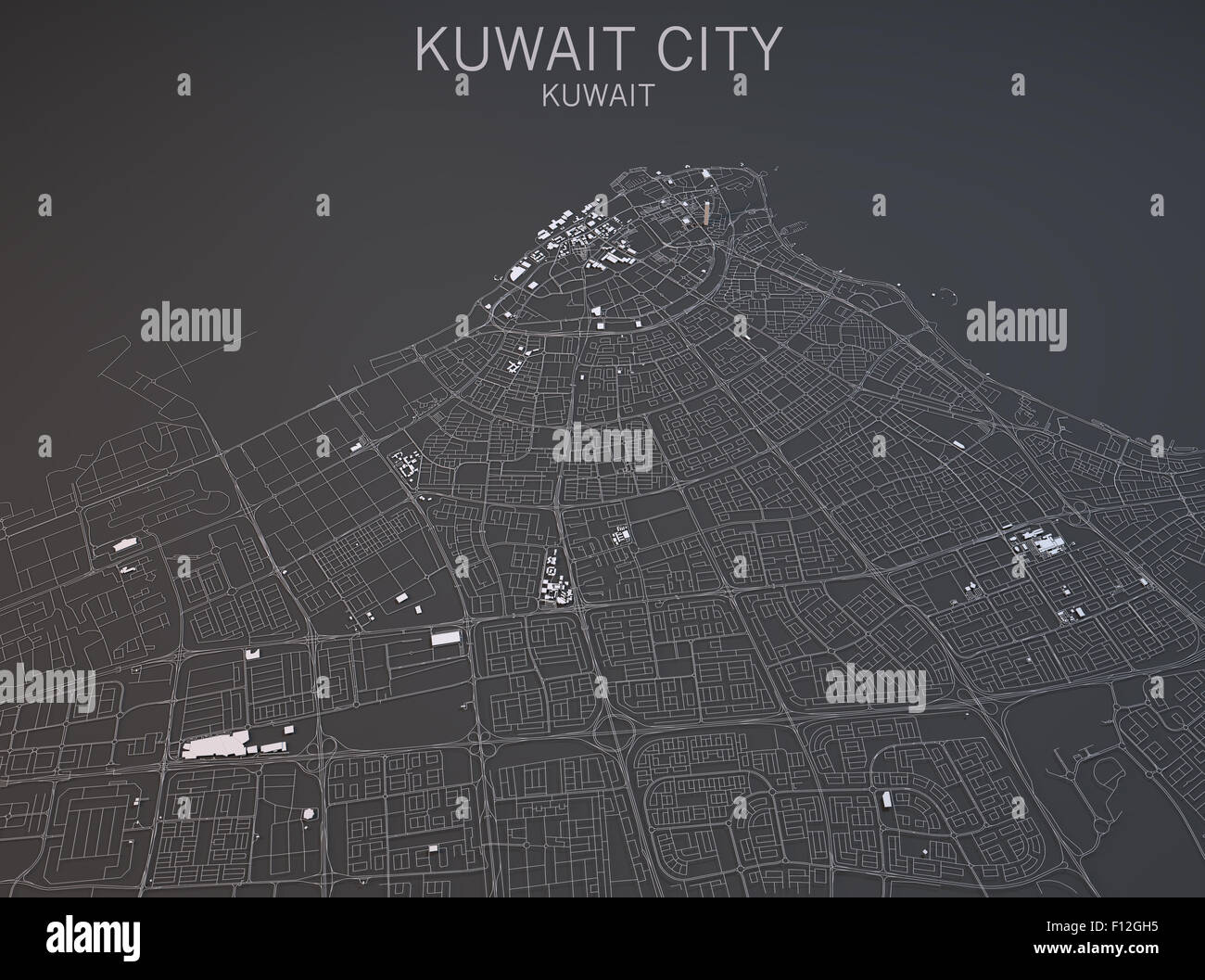 Map of Kuwait city,  Kuwait, satellite view, map in 3d. Black and white Stock Photo