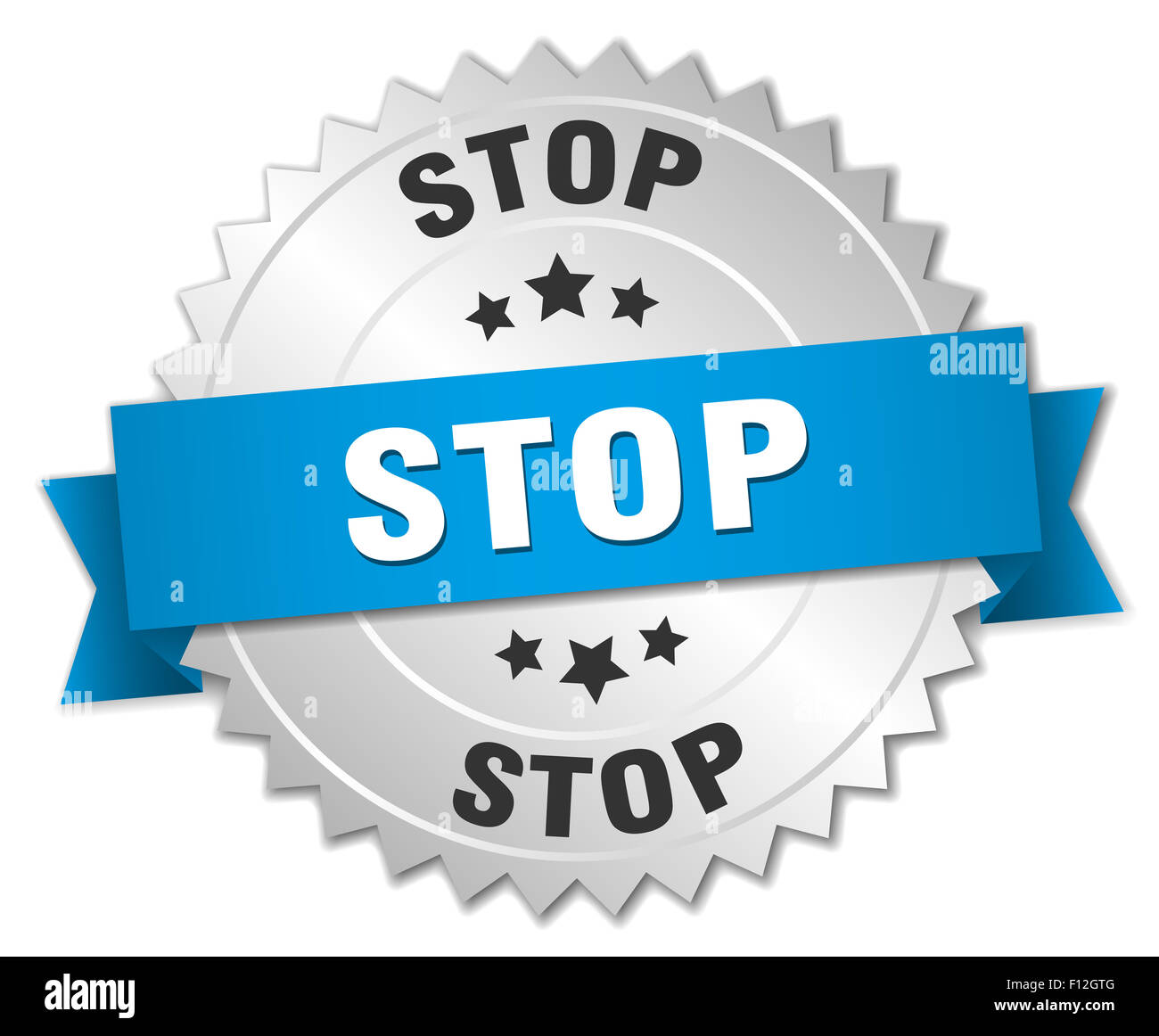 stop 3d silver badge with blue ribbon Stock Photo - Alamy