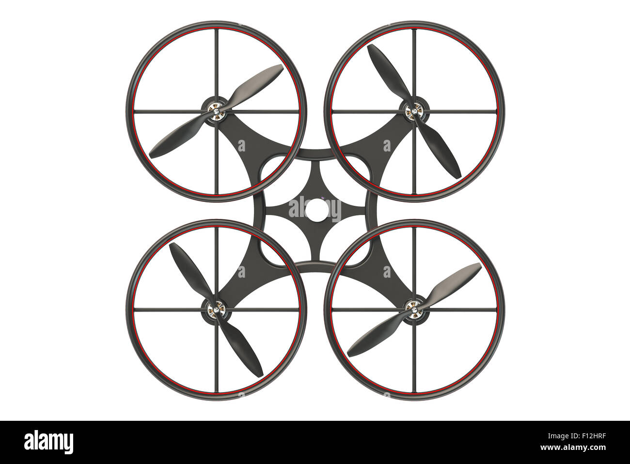 black quadcopter drone with camera isolated on white background Stock